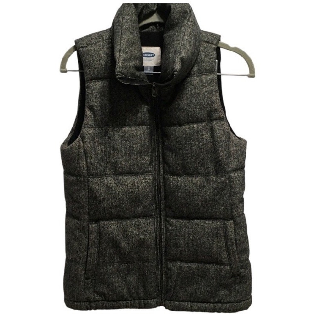 Old Navy Women's Puffer Vest Herringbone Tweed Full‎ Zip Stand Collar XS
